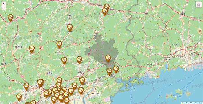 岡山県のワッツ系列（ワッツ、ワッツウィズ、シルク、ミーツ、フレッツ、百圓領事館）の店舗地図