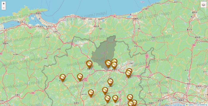 岡山県のワッツ系列（ワッツ、ワッツウィズ、シルク、ミーツ、フレッツ、百圓領事館）の店舗地図