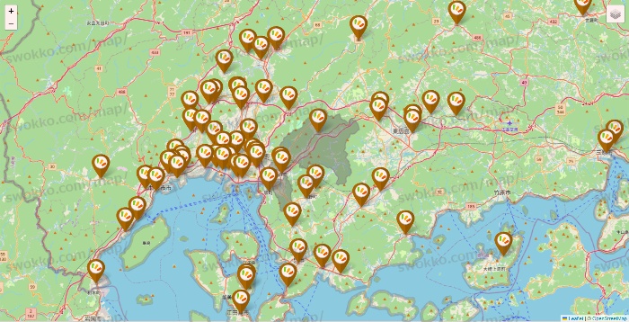 広島県のワッツ系列（ワッツ、ワッツウィズ、シルク、ミーツ、フレッツ、百圓領事館）の店舗地図