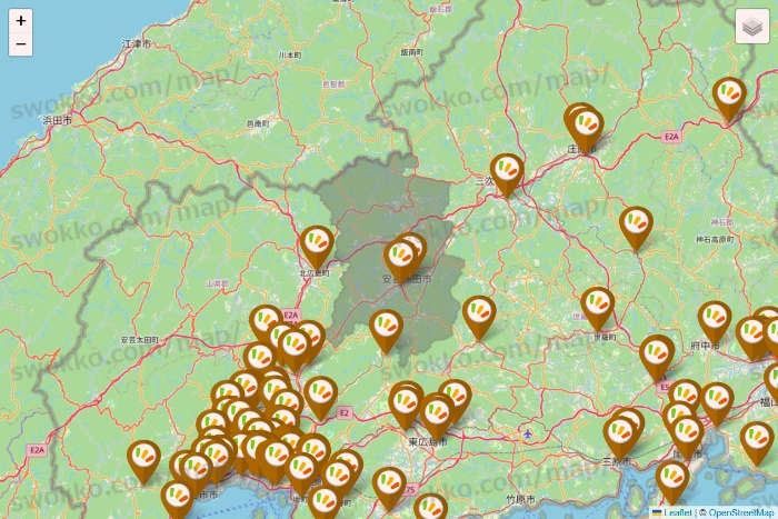 広島県のワッツ系列（ワッツ、ワッツウィズ、シルク、ミーツ、フレッツ、百圓領事館）の店舗地図