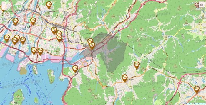 広島県のワッツ系列（ワッツ、ワッツウィズ、シルク、ミーツ、フレッツ、百圓領事館）の店舗地図