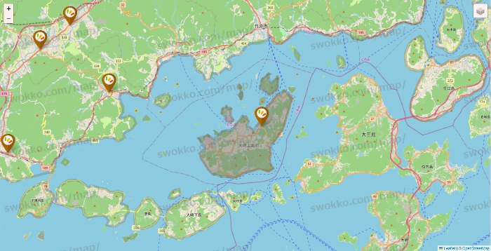 広島県のワッツ系列（ワッツ、ワッツウィズ、シルク、ミーツ、フレッツ、百圓領事館）の店舗地図