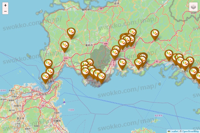 山口県のワッツ系列（ワッツ、ワッツウィズ、シルク、ミーツ、フレッツ、百圓領事館）の店舗地図