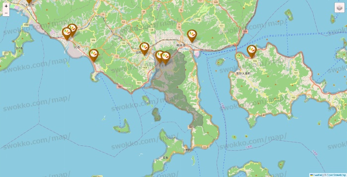 山口県のワッツ系列（ワッツ、ワッツウィズ、シルク、ミーツ、フレッツ、百圓領事館）の店舗地図