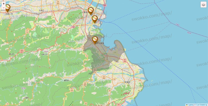 徳島県のワッツ系列（ワッツ、ワッツウィズ、シルク、ミーツ、フレッツ、百圓領事館）の店舗地図