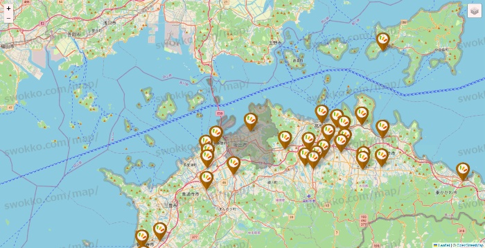 香川県のワッツ系列（ワッツ、ワッツウィズ、シルク、ミーツ、フレッツ、百圓領事館）の店舗地図