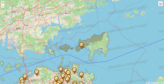 香川県のワッツ系列（ワッツ、ワッツウィズ、シルク、ミーツ、フレッツ、百圓領事館）の店舗地図