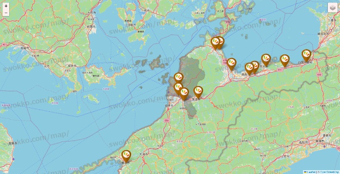 愛媛県のワッツ系列（ワッツ、ワッツウィズ、シルク、ミーツ、フレッツ、百圓領事館）の店舗地図