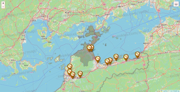 愛媛県のワッツ系列（ワッツ、ワッツウィズ、シルク、ミーツ、フレッツ、百圓領事館）の店舗地図