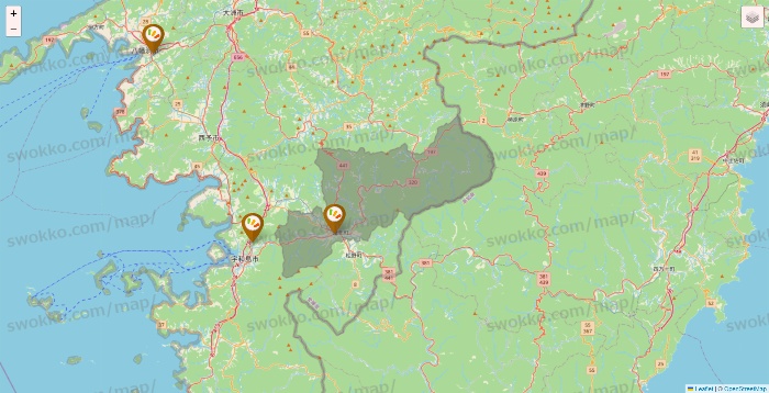 愛媛県のワッツ系列（ワッツ、ワッツウィズ、シルク、ミーツ、フレッツ、百圓領事館）の店舗地図