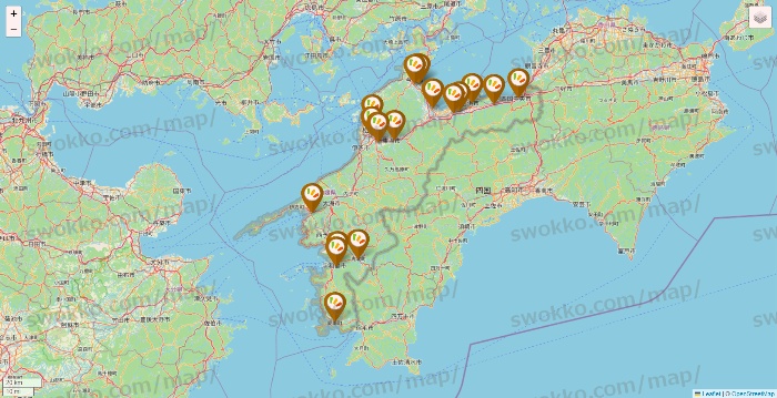 愛媛県のワッツ系列（ワッツ、ワッツウィズ、シルク、ミーツ、フレッツ、百圓領事館）の店舗地図
