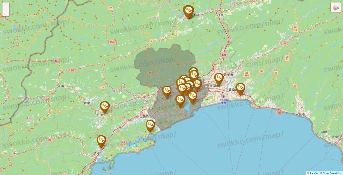 高知県のワッツ系列（ワッツ、ワッツウィズ、シルク、ミーツ、フレッツ、百圓領事館）の店舗地図