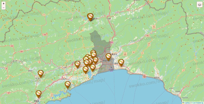 高知県のワッツ系列（ワッツ、ワッツウィズ、シルク、ミーツ、フレッツ、百圓領事館）の店舗地図