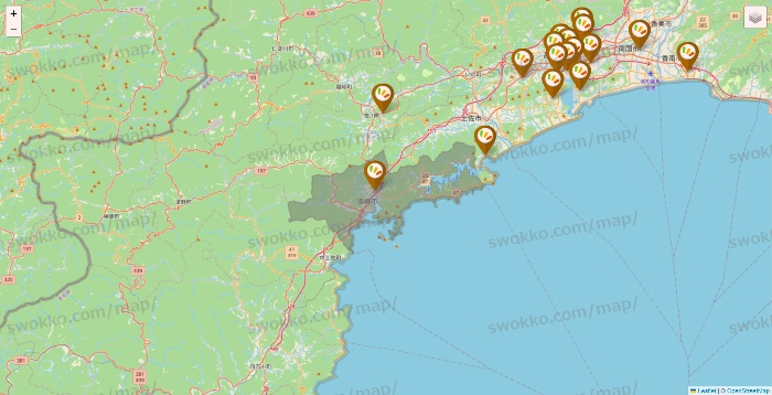 高知県のワッツ系列（ワッツ、ワッツウィズ、シルク、ミーツ、フレッツ、百圓領事館）の店舗地図