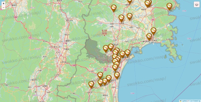 宮城県のワッツ系列（ワッツ、ワッツウィズ、シルク、ミーツ、フレッツ、百圓領事館）の店舗地図