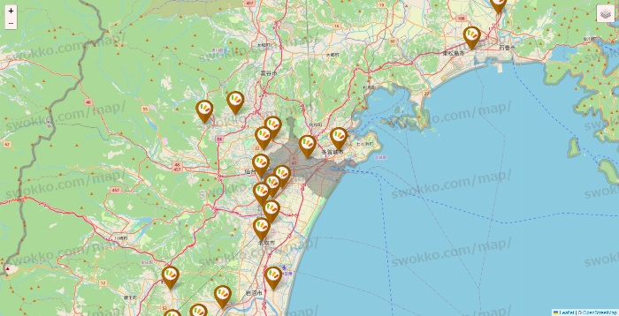 宮城県のワッツ系列（ワッツ、ワッツウィズ、シルク、ミーツ、フレッツ、百圓領事館）の店舗地図