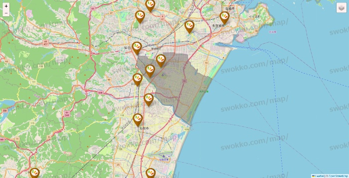 宮城県のワッツ系列（ワッツ、ワッツウィズ、シルク、ミーツ、フレッツ、百圓領事館）の店舗地図