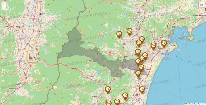 宮城県のワッツ系列（ワッツ、ワッツウィズ、シルク、ミーツ、フレッツ、百圓領事館）の店舗地図