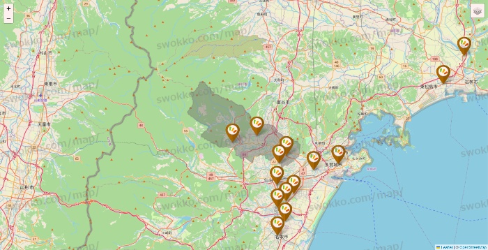 宮城県のワッツ系列（ワッツ、ワッツウィズ、シルク、ミーツ、フレッツ、百圓領事館）の店舗地図