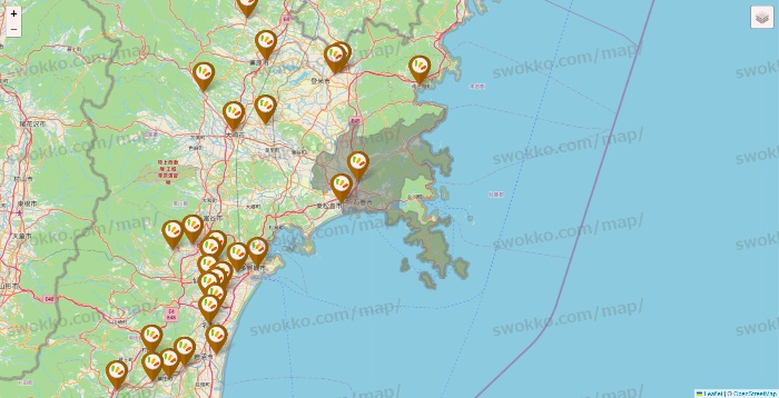 宮城県のワッツ系列（ワッツ、ワッツウィズ、シルク、ミーツ、フレッツ、百圓領事館）の店舗地図