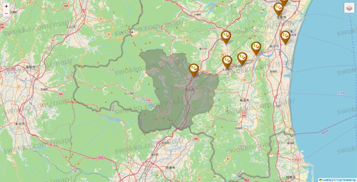 宮城県のワッツ系列（ワッツ、ワッツウィズ、シルク、ミーツ、フレッツ、百圓領事館）の店舗地図