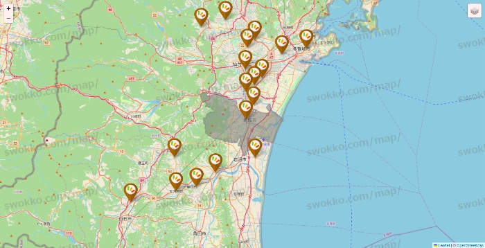 宮城県のワッツ系列（ワッツ、ワッツウィズ、シルク、ミーツ、フレッツ、百圓領事館）の店舗地図