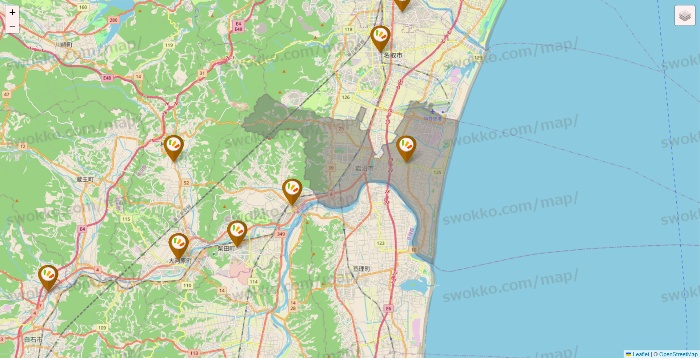 宮城県のワッツ系列（ワッツ、ワッツウィズ、シルク、ミーツ、フレッツ、百圓領事館）の店舗地図