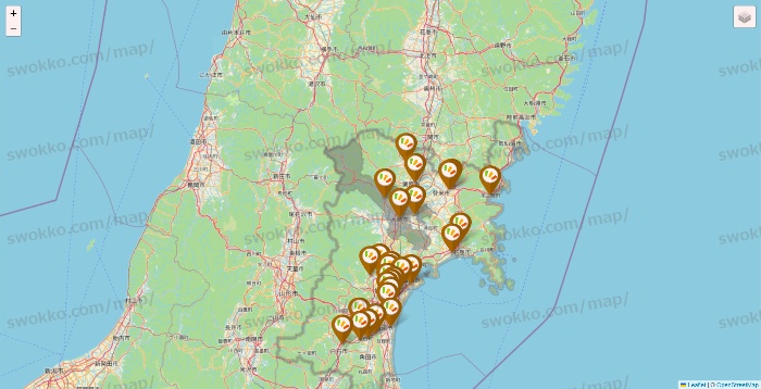 宮城県のワッツ系列（ワッツ、ワッツウィズ、シルク、ミーツ、フレッツ、百圓領事館）の店舗地図