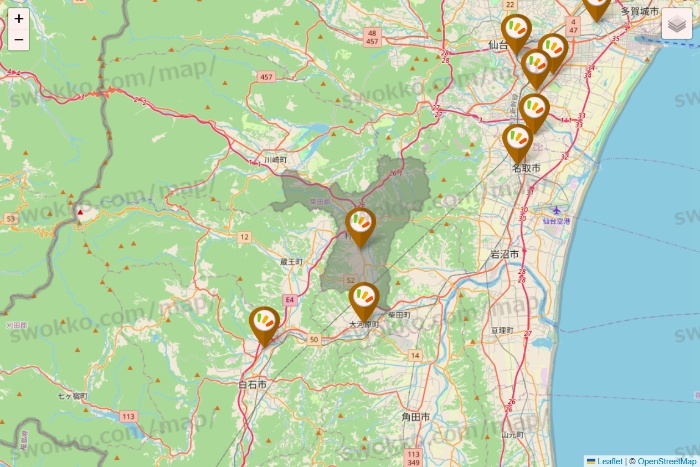 宮城県のワッツ系列（ワッツ、ワッツウィズ、シルク、ミーツ、フレッツ、百圓領事館）の店舗地図