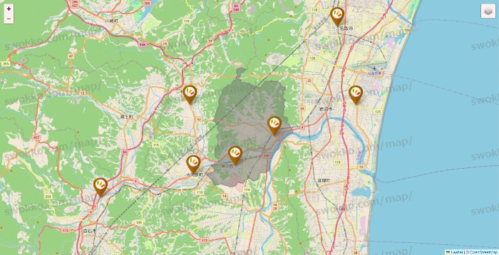 宮城県のワッツ系列（ワッツ、ワッツウィズ、シルク、ミーツ、フレッツ、百圓領事館）の店舗地図