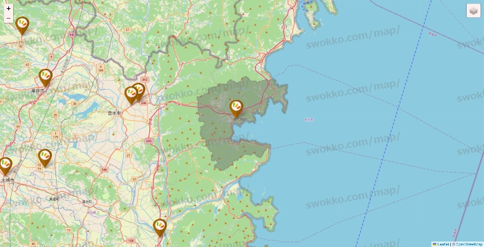 宮城県のワッツ系列（ワッツ、ワッツウィズ、シルク、ミーツ、フレッツ、百圓領事館）の店舗地図