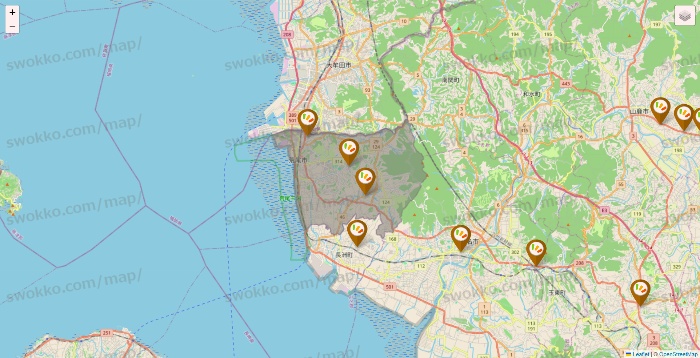 熊本県のワッツ系列（ワッツ、ワッツウィズ、シルク、ミーツ、フレッツ、百圓領事館）の店舗地図