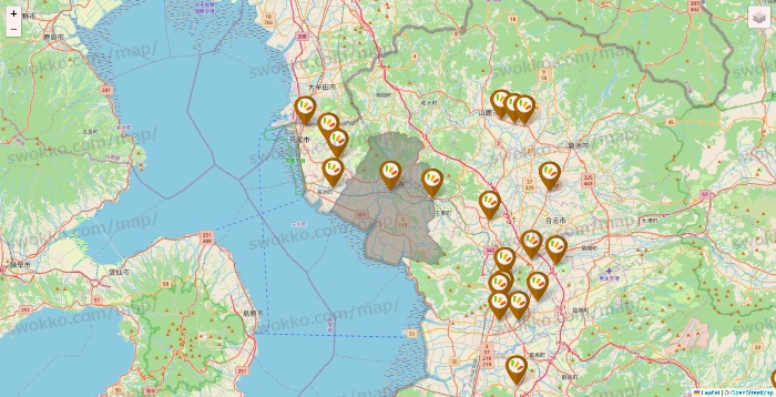 熊本県のワッツ系列（ワッツ、ワッツウィズ、シルク、ミーツ、フレッツ、百圓領事館）の店舗地図