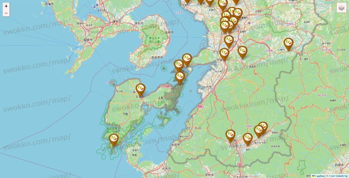 熊本県のワッツ系列（ワッツ、ワッツウィズ、シルク、ミーツ、フレッツ、百圓領事館）の店舗地図