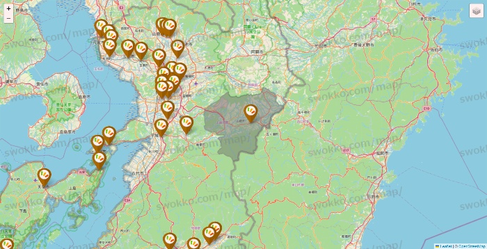 熊本県のワッツ系列（ワッツ、ワッツウィズ、シルク、ミーツ、フレッツ、百圓領事館）の店舗地図