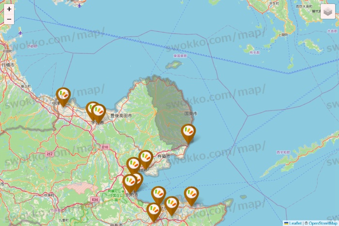 大分県のワッツ系列（ワッツ、ワッツウィズ、シルク、ミーツ、フレッツ、百圓領事館）の店舗地図