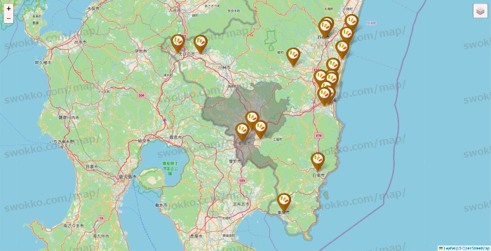 宮崎県のワッツ系列（ワッツ、ワッツウィズ、シルク、ミーツ、フレッツ、百圓領事館）の店舗地図