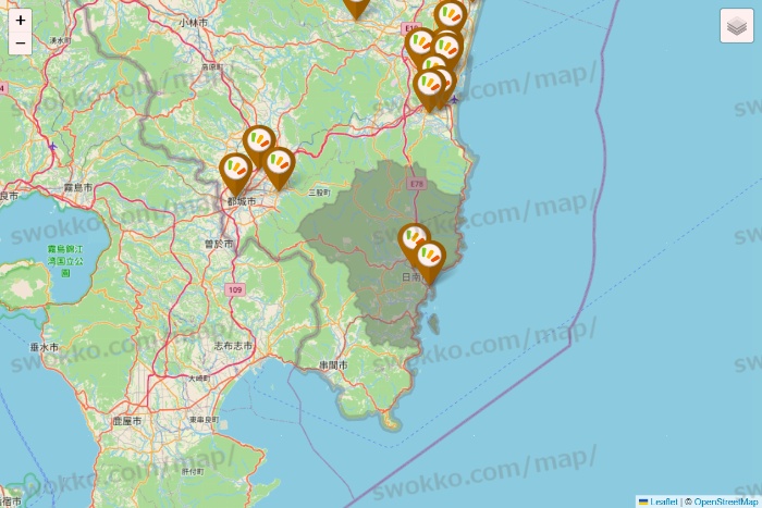 宮崎県のワッツ系列（ワッツ、ワッツウィズ、シルク、ミーツ、フレッツ、百圓領事館）の店舗地図