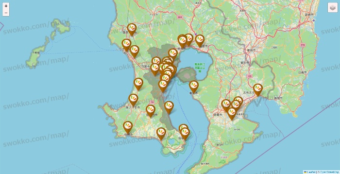 鹿児島県のワッツ系列（ワッツ、ワッツウィズ、シルク、ミーツ、フレッツ、百圓領事館）の店舗地図
