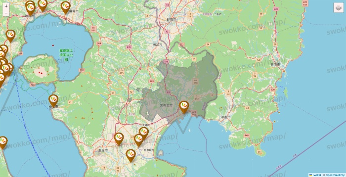 鹿児島県のワッツ系列（ワッツ、ワッツウィズ、シルク、ミーツ、フレッツ、百圓領事館）の店舗地図