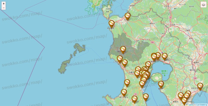 鹿児島県のワッツ系列（ワッツ、ワッツウィズ、シルク、ミーツ、フレッツ、百圓領事館）の店舗地図