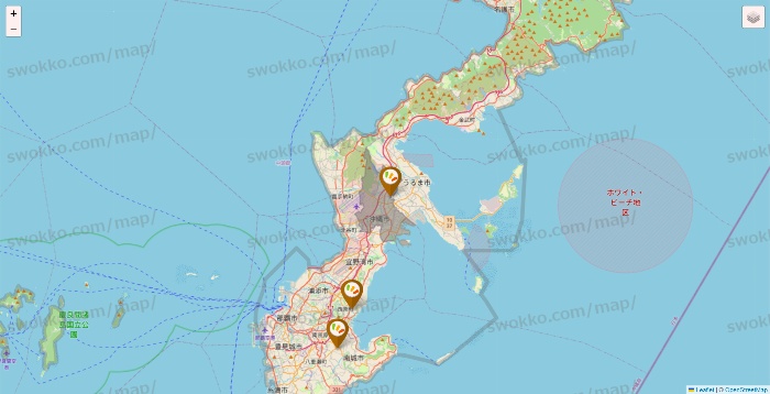 沖縄県のワッツ系列（ワッツ、ワッツウィズ、シルク、ミーツ、フレッツ、百圓領事館）の店舗地図