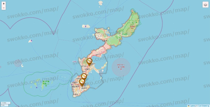 沖縄県のワッツ系列（ワッツ、ワッツウィズ、シルク、ミーツ、フレッツ、百圓領事館）の店舗地図