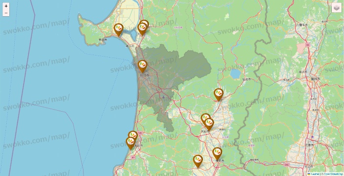 秋田県のワッツ系列（ワッツ、ワッツウィズ、シルク、ミーツ、フレッツ、百圓領事館）の店舗地図