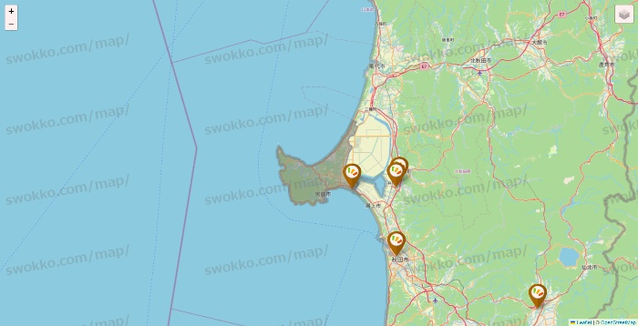 秋田県のワッツ系列（ワッツ、ワッツウィズ、シルク、ミーツ、フレッツ、百圓領事館）の店舗地図