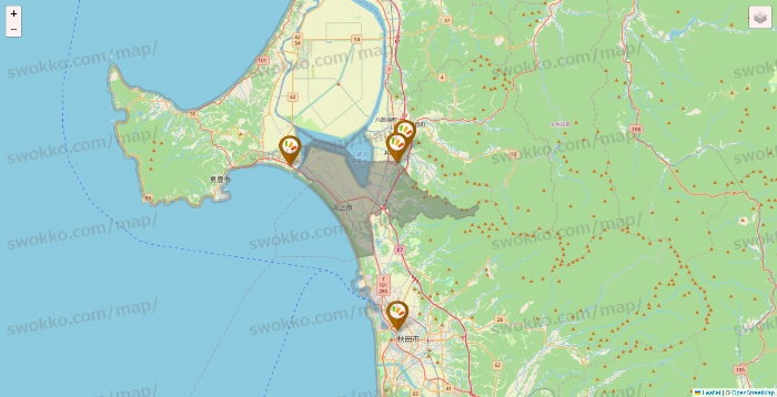 秋田県のワッツ系列（ワッツ、ワッツウィズ、シルク、ミーツ、フレッツ、百圓領事館）の店舗地図