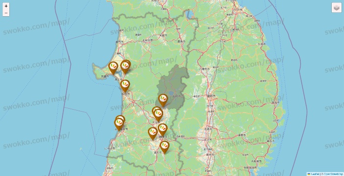 秋田県のワッツ系列（ワッツ、ワッツウィズ、シルク、ミーツ、フレッツ、百圓領事館）の店舗地図