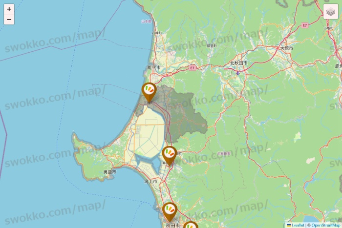 秋田県のワッツ系列（ワッツ、ワッツウィズ、シルク、ミーツ、フレッツ、百圓領事館）の店舗地図