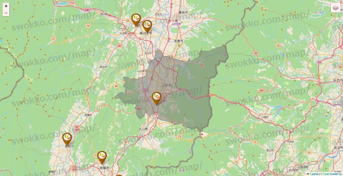 山形県のワッツ系列（ワッツ、ワッツウィズ、シルク、ミーツ、フレッツ、百圓領事館）の店舗地図