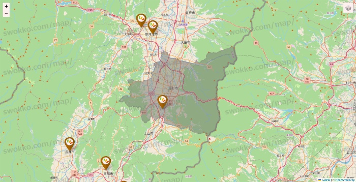 山形県のワッツ系列（ワッツ、ワッツウィズ、シルク、ミーツ、フレッツ、百圓領事館）の店舗地図